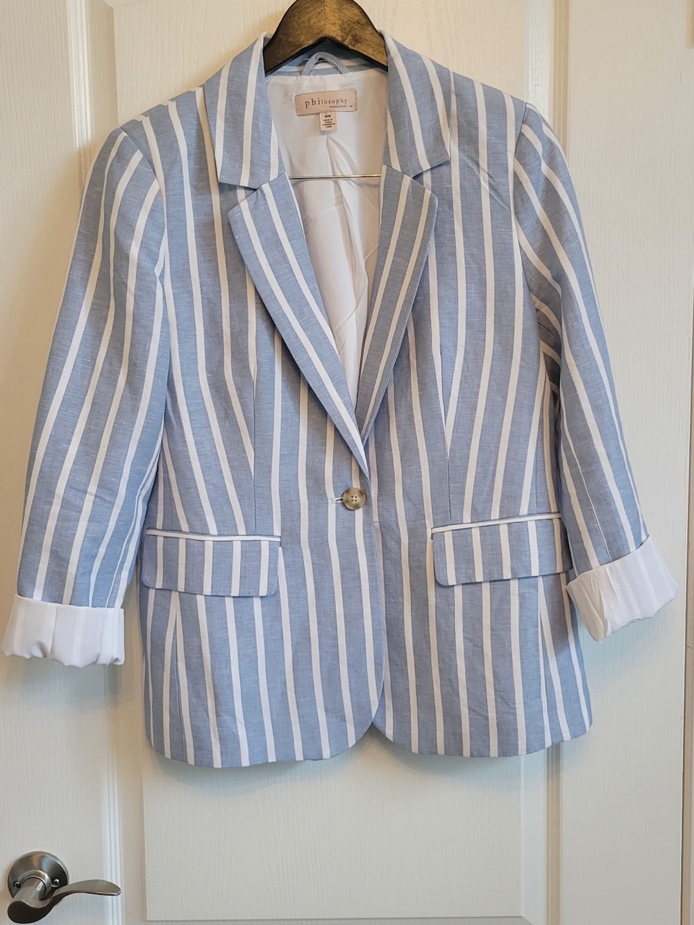 Philosophy Blue & White Striped Linen Blend Blazer - Women's Jacket